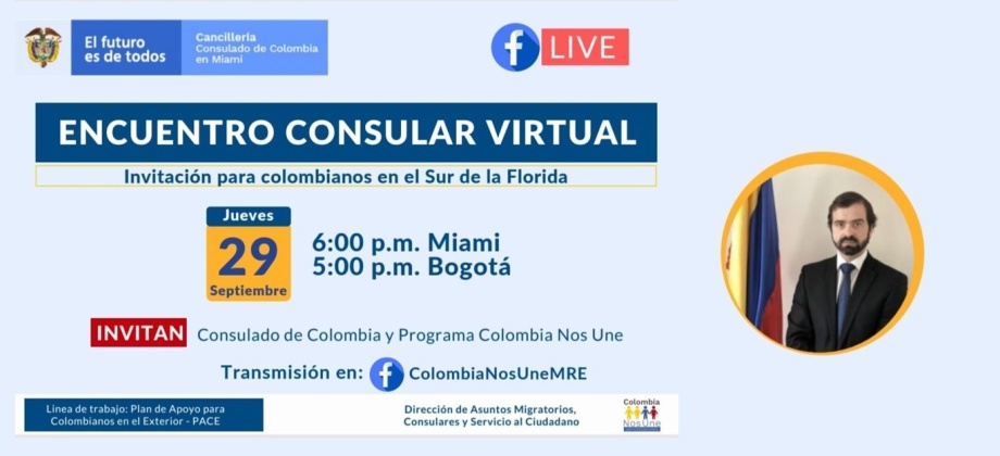 Consulado de Colombia en Miami invita al encuentro consular virtual, el 29 de septiembre de 2021