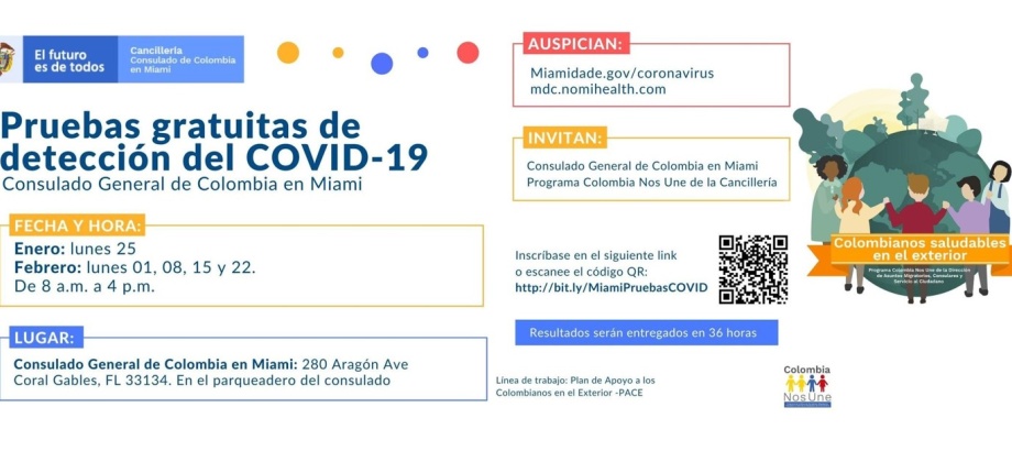 Consulado de Colombia en Miami ofrecerá pruebas gratuitas de detección del COVID-19, en enero y febrero de 2021