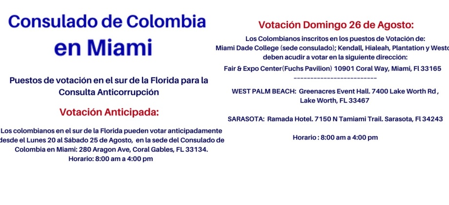 Consulado de Colombia en Miami publica los puestos votación para la Consulta Popular Anticorrupción que se realizará del 20 al 26 de agosto de 2018