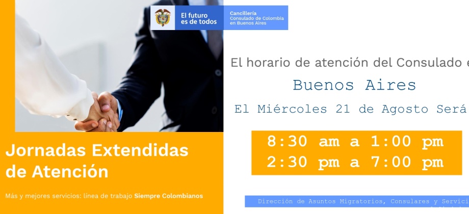 Consulado de Colombia en Buenos Aires realizará Jornada Extendida de Atención el miércoles 21 de agosto de 2019