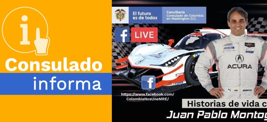 El Consulado de Colombia en Washington lo invita el próximo 26 de junio a la charla virtual con el piloto Juan Pablo Montoya 