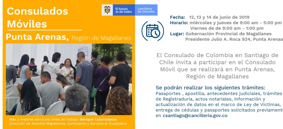 El Consulado de Colombia en Santiago de Chile realizará un Consulado Móvil en Punta Arenas, del 12 al 14 de junio de 2019