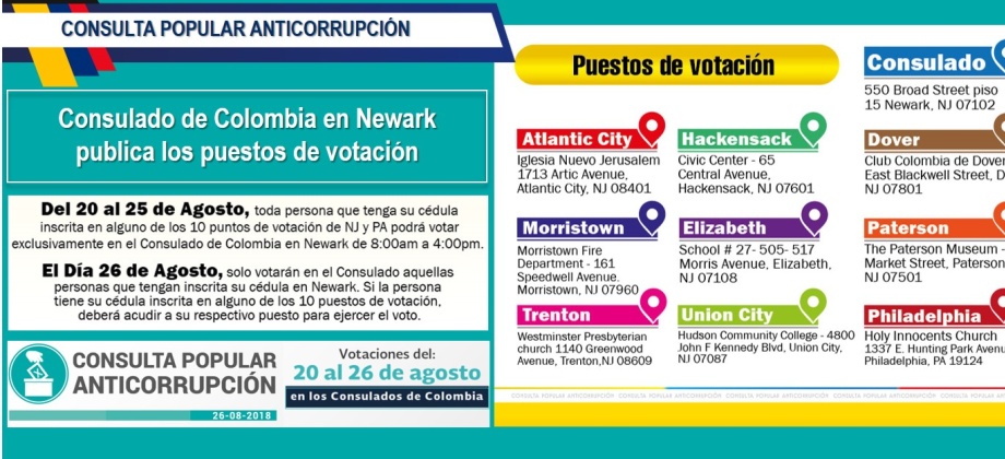 Consulado de Colombia en Newark publica los puestos de votación para la Consulta Popular Anticorrupción a realizarse del 20 al 26 de agosto de 2018
