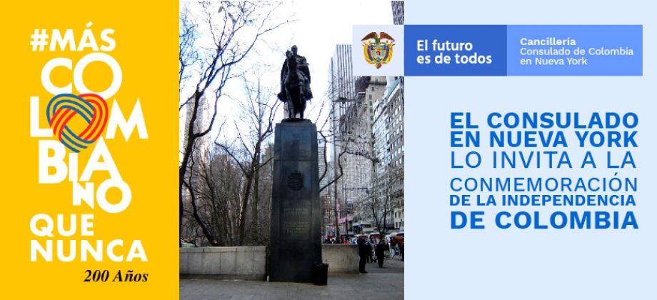 Consulado en Nueva York conmemorará la Independencia de Colombia el 19 de julio en Central Park. Acérquese, desde las 4:30 pm, al monumento de Simón Bolívar