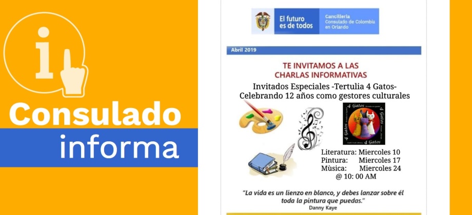 El Consulado de Colombia en Orlando invita a las charlas informativas sobre arte, música y literatura en abril de 2019