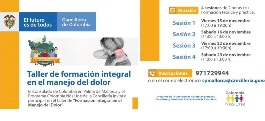 Consulado de Colombia en Palma de Mallorca invita al taller de formación integral en el manejo del dolor los días 15, 16, 22 y 23 de noviembre de 2019