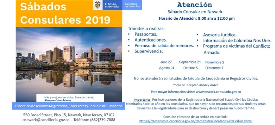 Participe de los Sábados Consulares programados por el Consulado de Colombia en Newark 