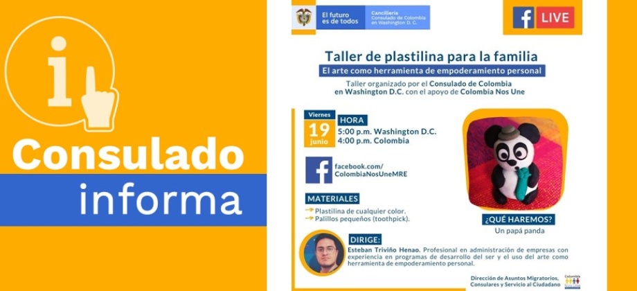 El Consulado de Colombia en Washington D.C. lo invita al taller de plastilina virtual que se realizará el próximo viernes 19 de junio
