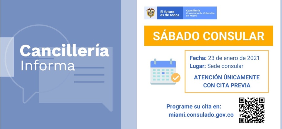 El Consulado de Colombia en Miami realizará una jornada de Sábado Consular el 23 de enero de 2021