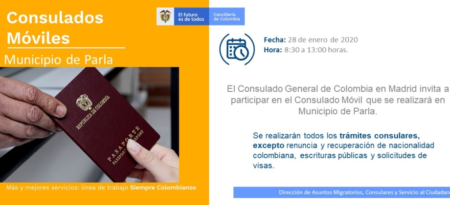 Se realizará el primer Consulado Móvil en 2020, 'Colombia más cerca de ti' en el Municipio de Parla