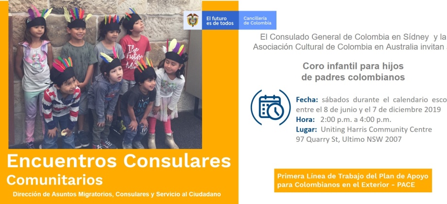 El Consulado de Colombia en Sídney invita al coro infantil para hijos de padres colombianos, sábados del calendario escolar entre el 8 de junio y el 7 de diciembre 2019