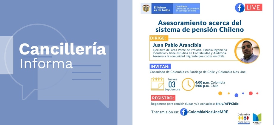 Consulado de Colombia invita a la charla virtual ‘Asesoramiento acerca del sistema de pensión chileno’, el 3 de septiembre de 2020