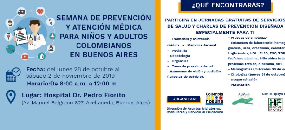 La Semana de Prevención y Atención Médica para Niños y Adultos Colombianos en Buenos Aires se realizará del 28 de octubre al 2 de noviembre