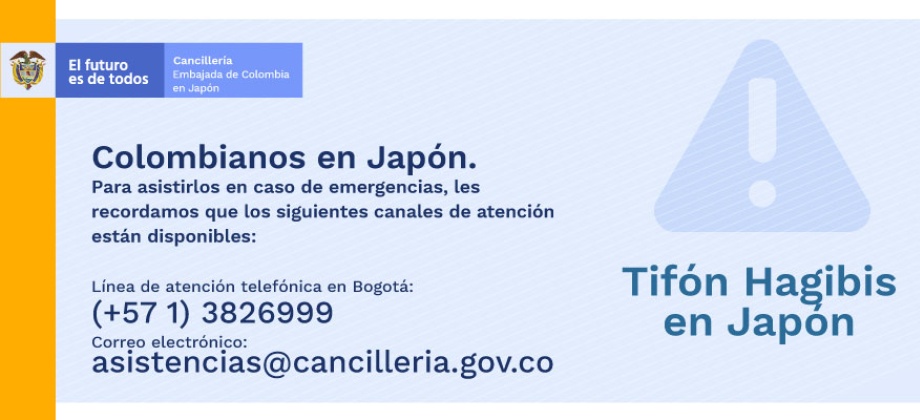 La Embajada y el Consulado en Japón recomiendan a los colombianos adoptar las medidas de precaución indicadas por las autoridades locales durante este fin de semana