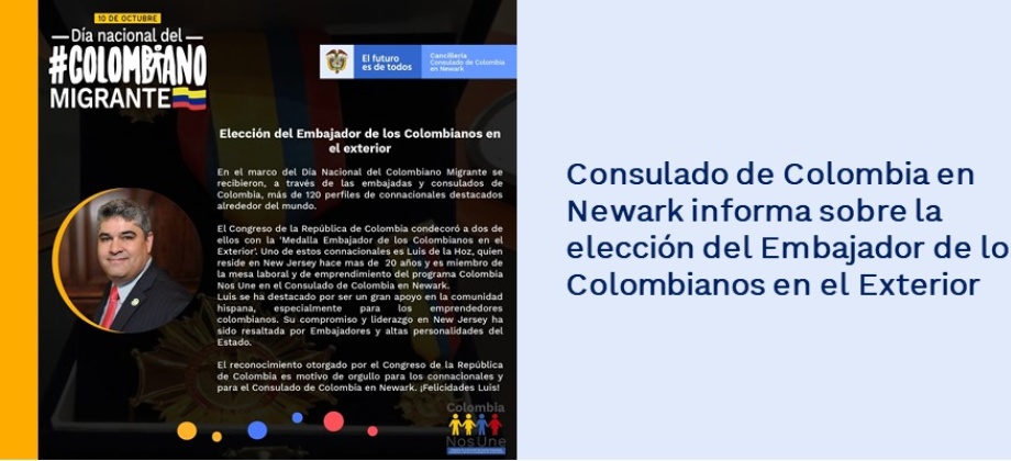 Consulado de Colombia en Newark informa sobre la elección del Embajador de los Colombianos en el Exterior