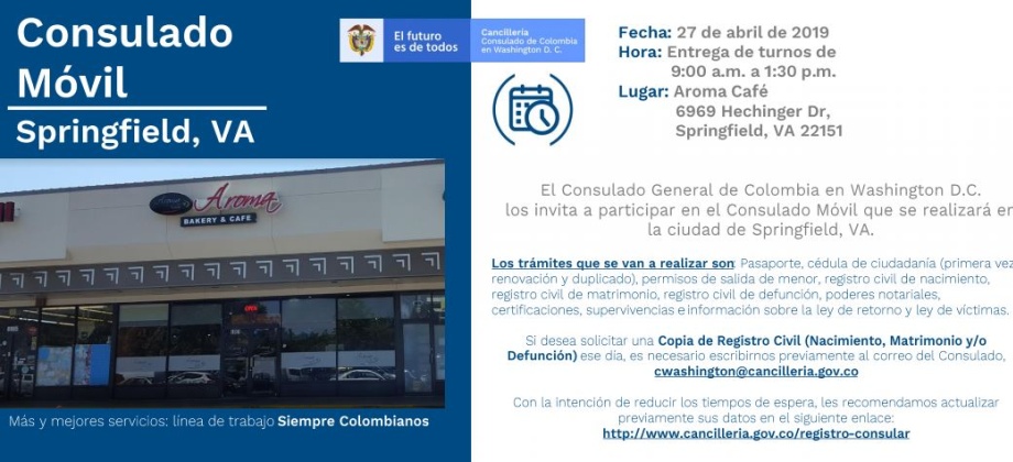 El consulado General de Colombia en Washington invita al Consulado Móvil en Springfield que se realizará el 27 de abril de 2019