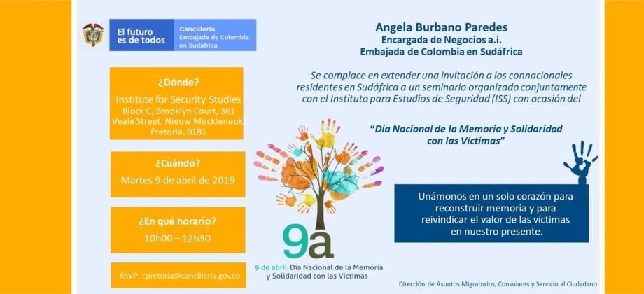 La Embajada y el Consulado de Colombia en Sudáfrica invita a la conmemoración del Día Nacional de la Memoria y la Solidaridad con las Víctimas