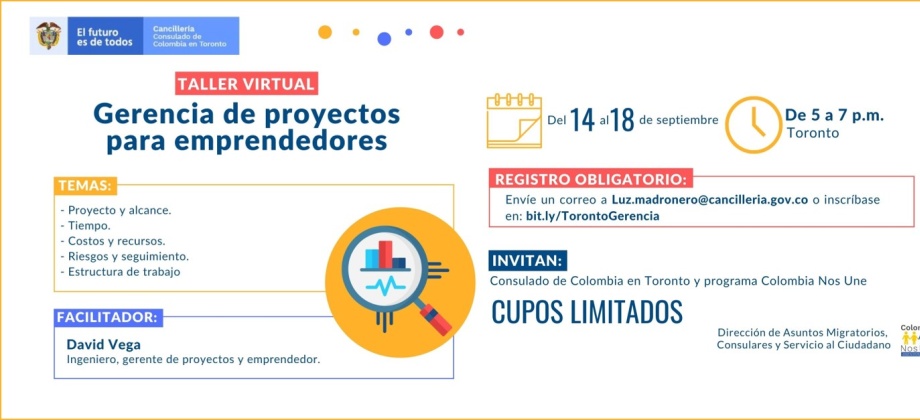 Consulado de Colombia en Totonto invita al taller online gratuito: Gerencia de Proyectos para Emprendedores 