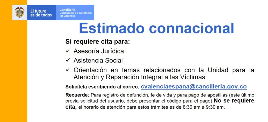 El Consulado de Colombia en Valencia recuerda los trámites que requieren cita y los que no