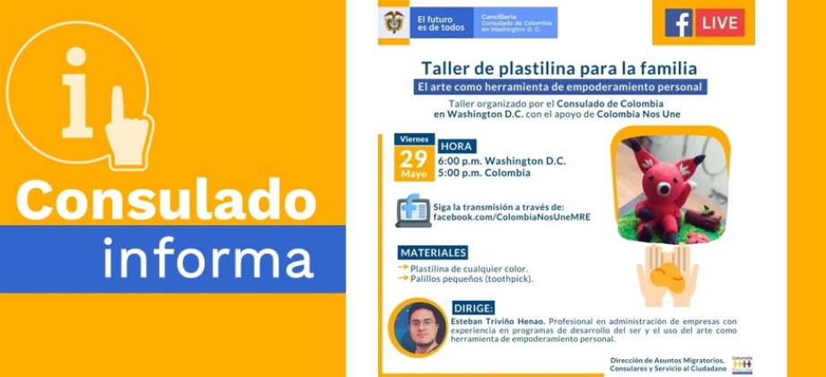Este viernes, el Consulado de Colombia en Washington lo invita a participar en el taller virtual de plastlina para la familia 