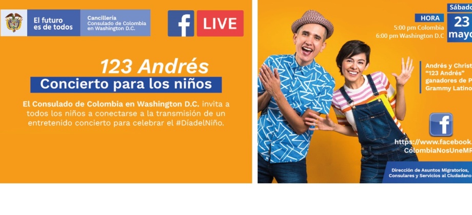 Consulado de Colombia en Washington invita al concierto virtual para los niños ‘123 Andrés’, el 23 de mayo de 2020