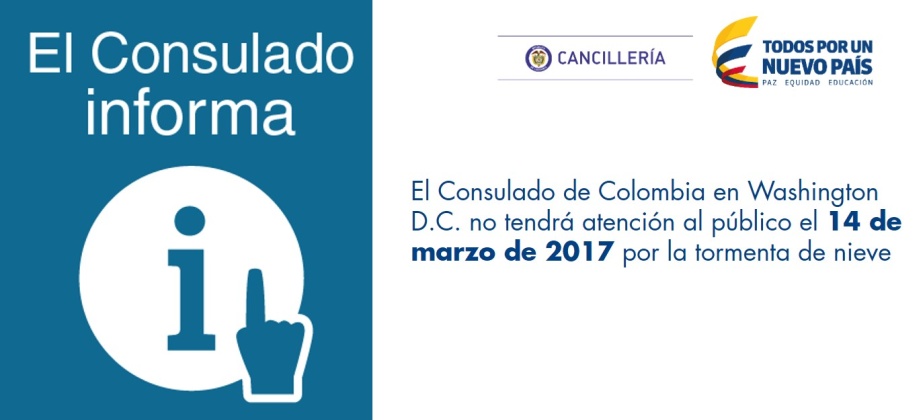 Consulado de Colombia en Washington D.C. no tendrá atención al público el 14 de marzo de 2017 por la tormenta de nieve