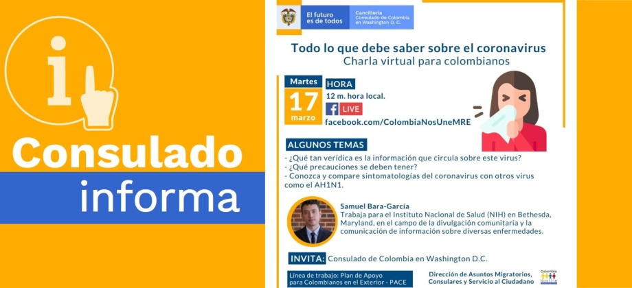 Consulado de Colombia en Washington D.C. invita a la charla ‘Todo lo que debe saber sobre el coronavirus’, el 17 de marzo de 2020