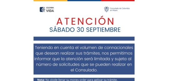 Atención al público mañana sábado 30 de septiembre en el Consulado de Colombia en Miami