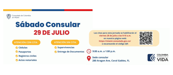 El Consulado de Colombia en Miami realizará una jornada de sábado consular el 29 de julio de 2023