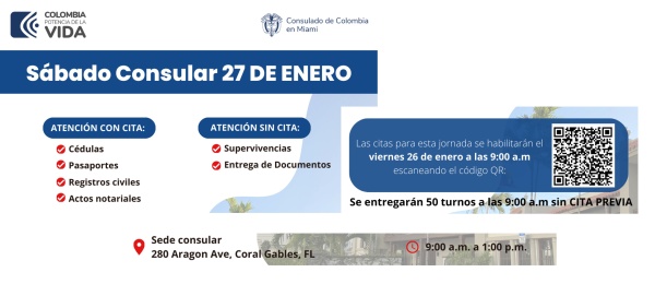 Consulado de Colombia en Miami realizará una jornada de Sábado Consular el 27 de enero de 2024 