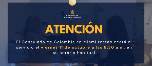 Consulado de Colombia en Miami restablece servicio este viernes 11 de octubre 