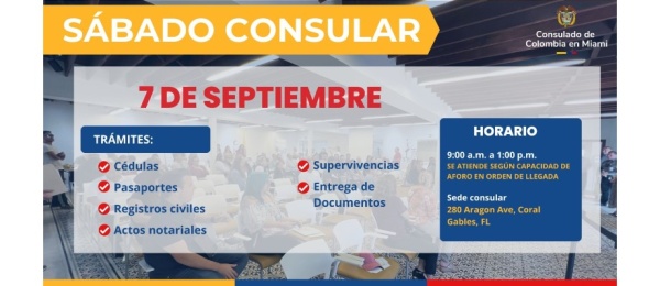 Este 7 de septiembre se realizará jornada de sábado consular en el Consulado de Colombia en Miami