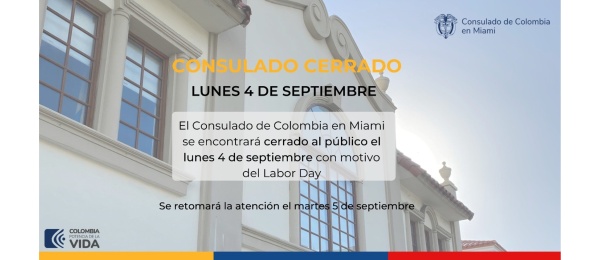 Consulado de Colombia en Miami no tendrá atención al público el 4 de septiembre de 2023