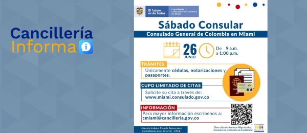 El Consulado de Colombia en Miami realizará una jornada de Sábado Consular el 26 de junio de 2021