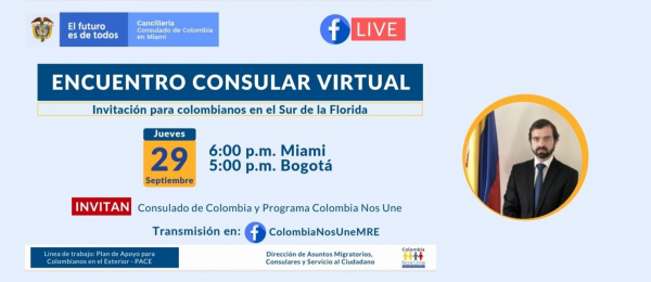 Consulado de Colombia en Miami invita al encuentro consular virtual, el 29 de septiembre de 2021