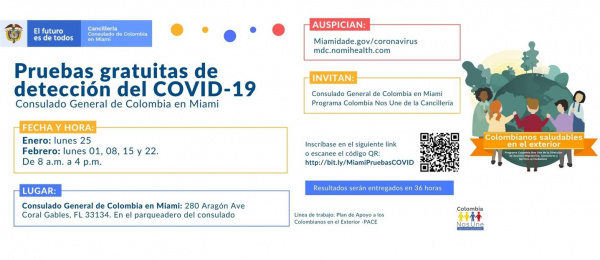 Consulado de Colombia en Miami ofrecerá pruebas gratuitas de detección del COVID-19, en enero y febrero de 2021