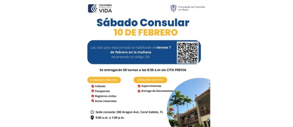 Consulado de Colombia en Miami realizará una jornada de Sábado Consular el 10 de febrero de 2024